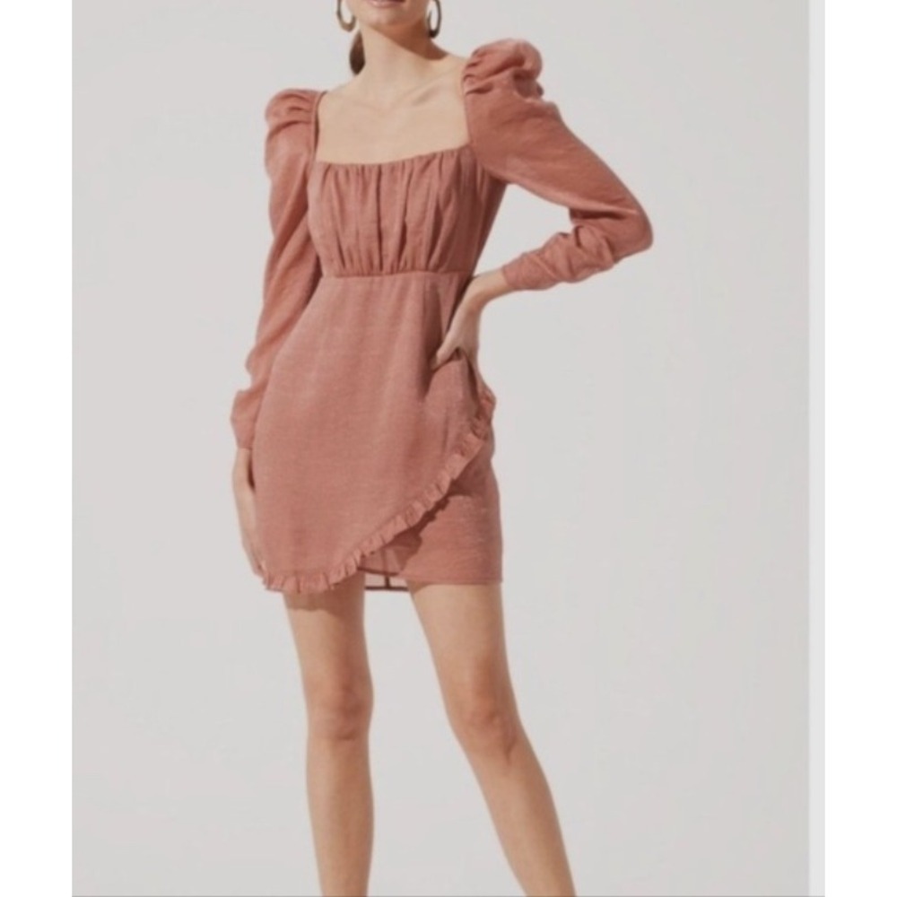 ASTR The Label Shimmer Puff Sleeve Ruffle Mini Dress Mauve Pink M